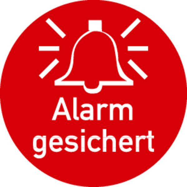 Schilder Klar Alarm gesichert innen klebend, 50 mm Folie selbstklebend, 80/69