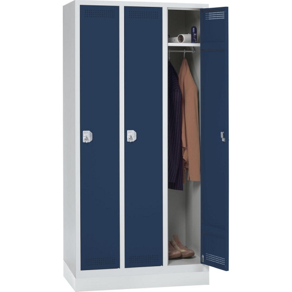 Deskin Garderoben-Stahlspind SP PROFI SYSTEM mit Sockel, 3 Abteile 300 mm, Drehriegel, Lichtgrau/dunkelblau, H 1800 x B 870 x T 500 mm, 225909