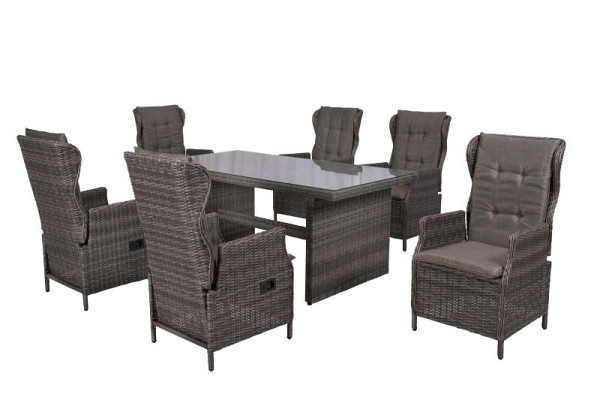 Merxx Saviano Set 13-teilig, 2 Saviano Sessel verstellbar durch Gasdruckfeder, 4 Saviano Sessel, inkl. Kissen, 1 Tisch 185 x 90 cm, grau, 28384-262
