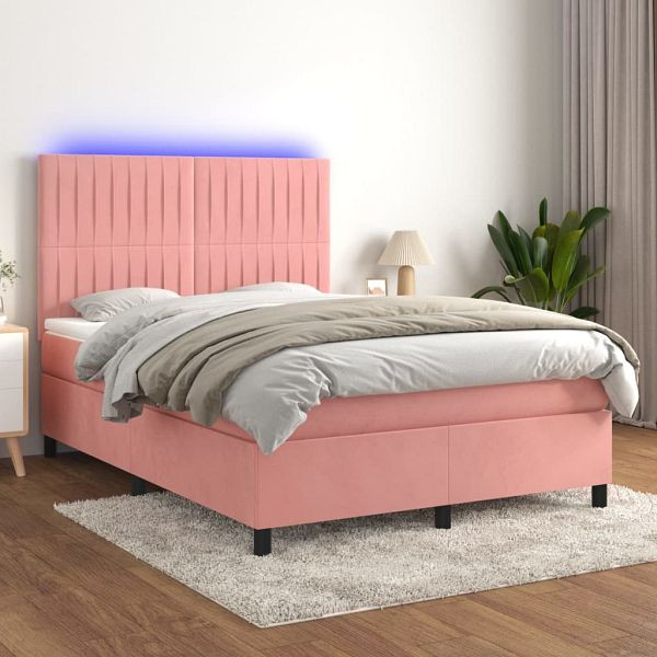 vidaXL Boxspringbett mit Matratze & LED Rosa 140x190 cm Samt, 3136244