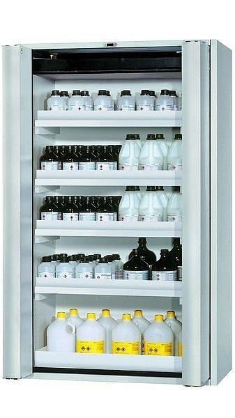 asecos Sicherheitsschrank S-PHOENIX touchless-90, S90.196.120.FDAO in lichtgrau RAL 7035 mit 4x Wannenboden Standard (Polypropylen), 30120-001-30144