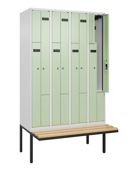 C+P Z-Spind Evolo PLUS, Bank, 8 Fächer, 2120x1200x815mm, 9016/6019, Zylinderschloss, Sitzfläche Holz, 0490437-408 S10046