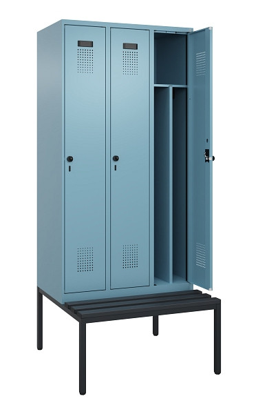 C+P Spind Evolo PLUS, 3 Abteile, 2120x900x815mm, 0010/0010, Haken 4, Drehriegel, Sitzfläche Kunststoff, Sitzbank, 0490507-30F S10075