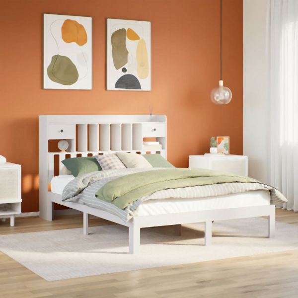 vidaXL Massivholzbett mit Regal ohne Matratze Weiß 160x200 cm Kiefer, 3322606
