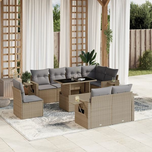 vidaXL 9-teilig Garten-Sofagarnitur mit Kissen Beige Poly Rattan, 3268039