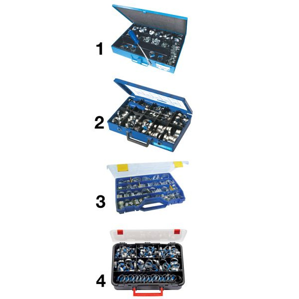 Prevost Sortimente, Inhalt= (4) Kunststoffkoffer: 150 Schraubklemmen mit massivem Band (für Schläuche Ø Außen 8 bis 32 mm), PBS 150