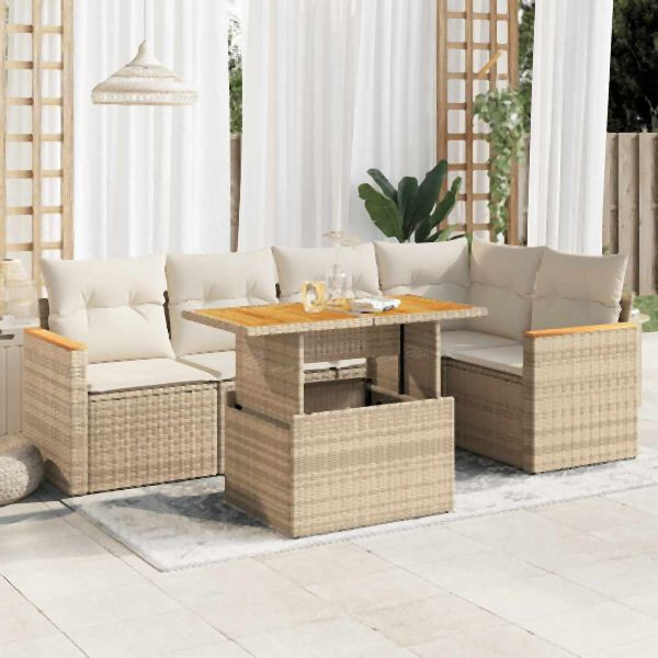 vidaXL 5-tlg. Garten-Sofagarnitur mit Kissen Beige Poly Rattan Akazie, 3327488