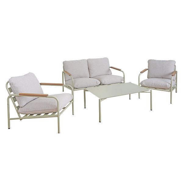 Mendler Aluminium-Gartengarnitur HWC-O11, Outdoor 2-Sitzer Sitzbank Sessel Sofa, Olefin (205 g/m²), hellgrün Polster beige, 2x110595+110596+110598