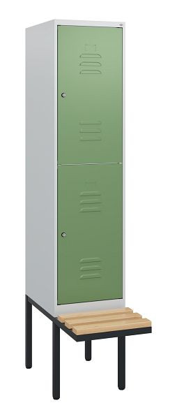 C+P Doppelstöckiger Spind Classic PLUS, 1950x400x815mm, 7035/6011, Zylinderschlösser, Sitzleisten aus Buche, schwebende Sitzfläche, 0803405-12 S10036