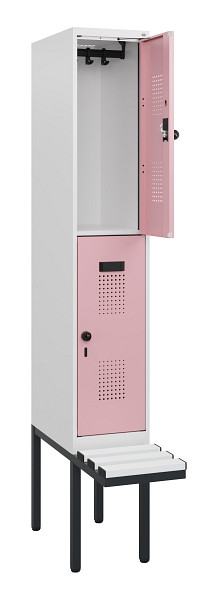 C+P Doppelstock-Spind Evolo PLUS, Bank, 2 Fächer, 1950x300x815mm, 9016/3015, Drehriegel, Sitzfläche Kunststoff, 0493405-10 S10116