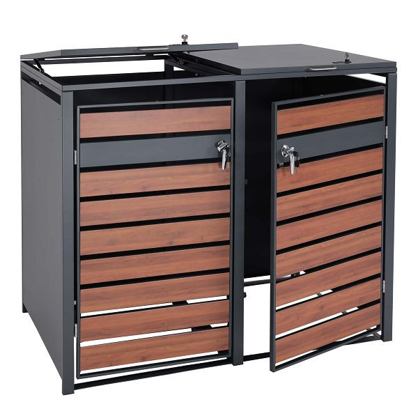 Mendler XL 2er/4er-Mülltonnenverkleidung HWC-J81, Mülltonnenbox, Metall 59kg anthrazit, Kirsche-Holzoptik dunkelbraun, 83422+83423