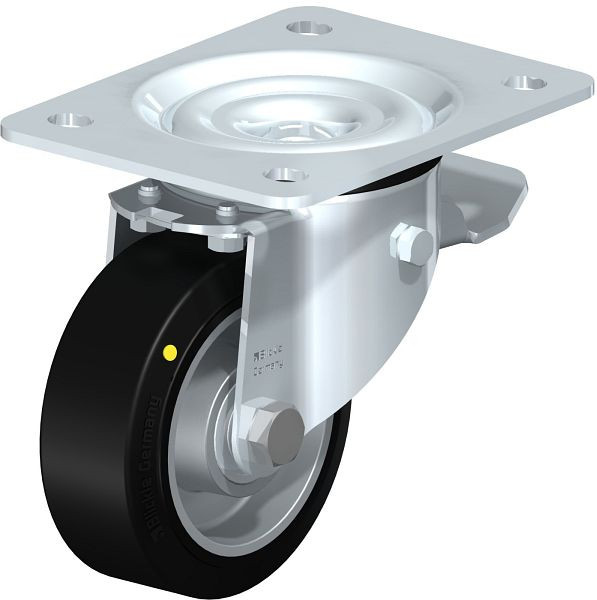 Blickle LK-ALEV 100K-3-ST-EL Stahlblech-Lenkrolle, schwere Ausführung, mit Anschraubplatte & Feststeller, Elastik-Vollgummi, Schwarz, 851991