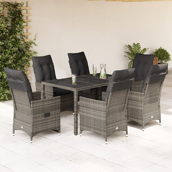 vidaXL 7-teilig Garten-Essgruppe mit Kissen Grau Poly Rattan, 3276740