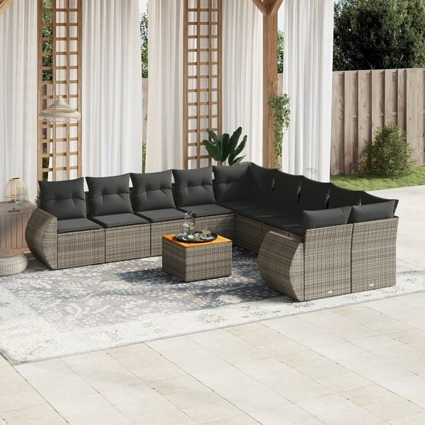 vidaXL 11-teilig Garten-Sofagarnitur mit Kissen Grau Poly Rattan, 3225199