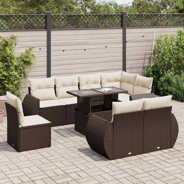 vidaXL 9-tlg. Garten-Sofagarnitur mit Kissen Braun Poly Rattan, 3326664