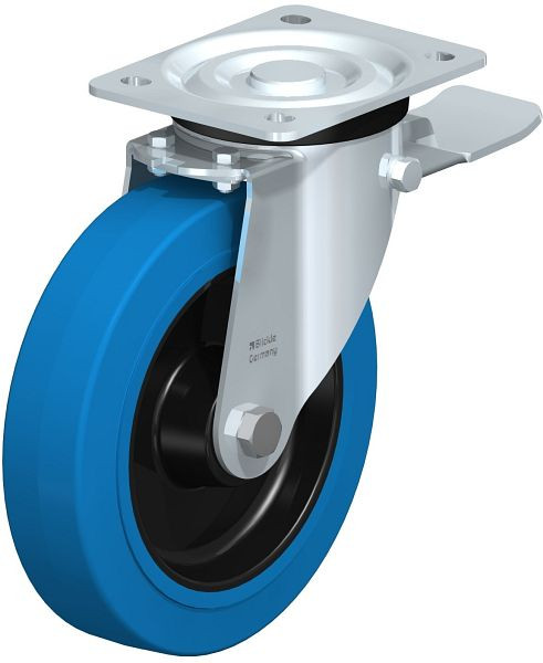 Blickle L-POEV 200XR-ST-SB Stahlblech-Lenkrolle, mittelschwere Ausführung, mit Anschraubplatte & Feststeller, Elastik-Vollgummi, Blau, 850726