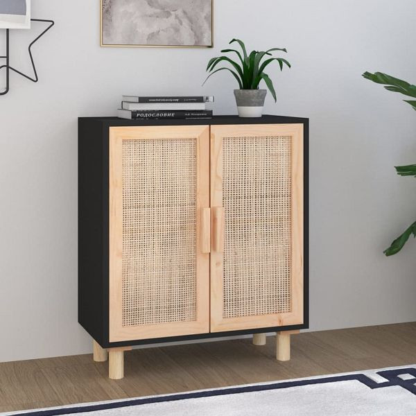 vidaXL Sideboard Schwarz 60x30x70cm Massivholz Kiefer und Natur-Rattan, 345631