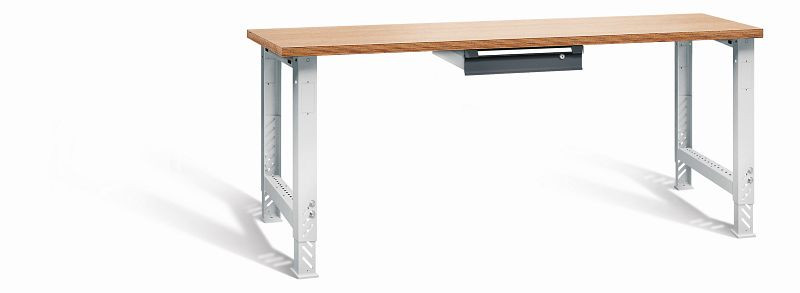 Otto Kind Werkbank function Typ 2004S, überstehende Multiplex-Arbeitsplatte, 2 höhenverstellbare Fußgestelle, Gehäuse RAL 7035, Front RAL 7016, 072182049