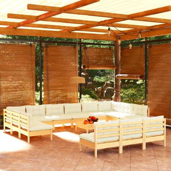 vidaXL 14-teilig Garten-Lounge-Set mit Creme Kissen Massivholz Kiefer, 3097241
