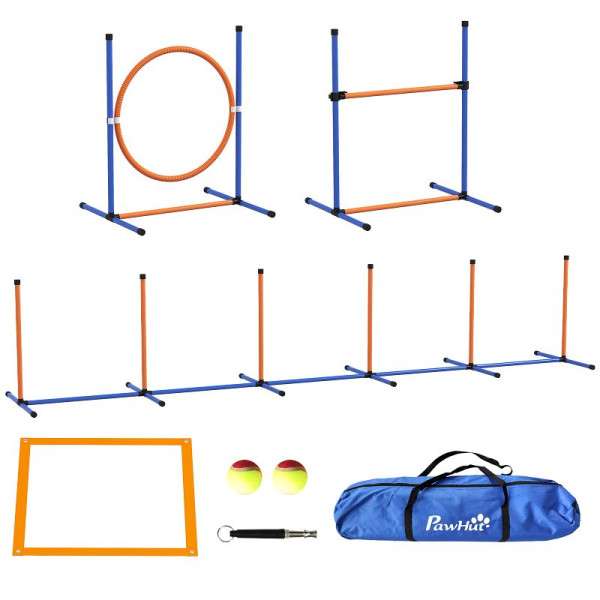 PawHut Hunde-Agiliy-Set Hundeparcours, 1 Reifen, 1 Hürde, 1 Slalom-Set, 352 cm x 66 cm x 69 cm, Blau + Rot, D07-043V00OG