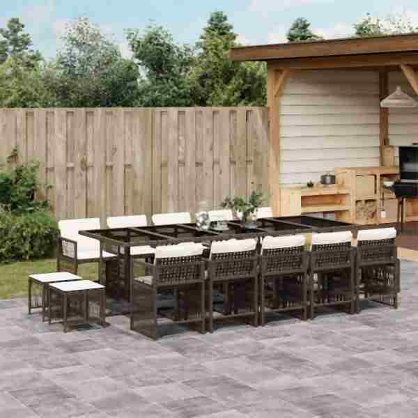 vidaXL 15-tlg. Garten-Essgruppe mit Kissen Braun Poly Rattan, UV-beständig, 3211713