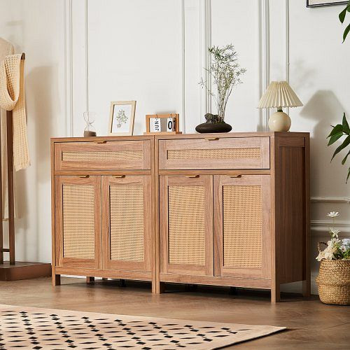 VEVOR 2er-Set Rattanschrank mit 4 Türen & 2 Schubladen, Sideboard mit verstellbaren Regalen für Flur & Wohnzimmer, TBZSJSM63INCHAZ24V0
