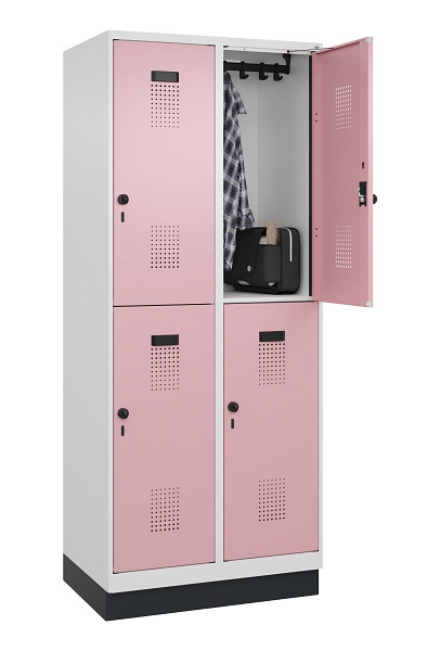 C+P Doppelstöckiger Spind Evolo PLUS, mit Sockel, 4 Fächer, 1950x800x500mm, 9016, Frontfarbe RAL 3015 Hellrosa, Drehriegel, 049320-22 S10018