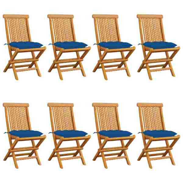 vidaXL Gartenstühle mit Blauen Kissen 8 Stück Massivholz Teak, 3072942