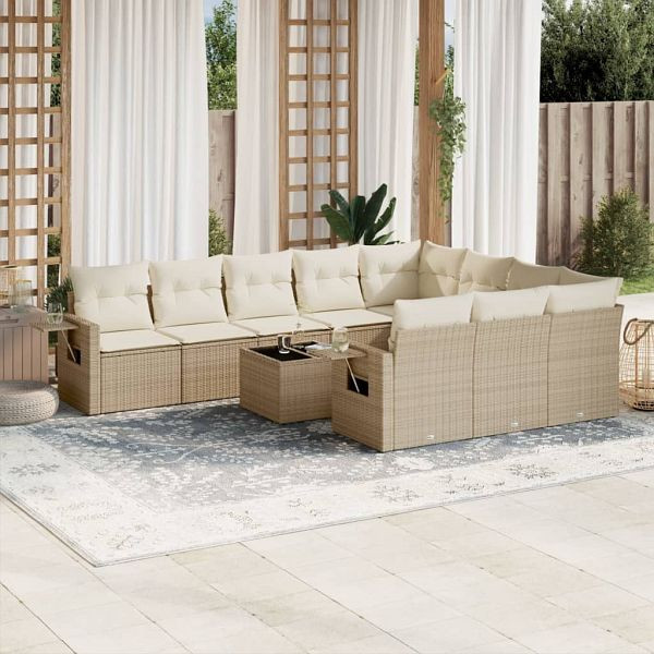 vidaXL 11-tlg. Garten-Sofagarnitur mit Kissen Beige Poly Rattan, 3253035
