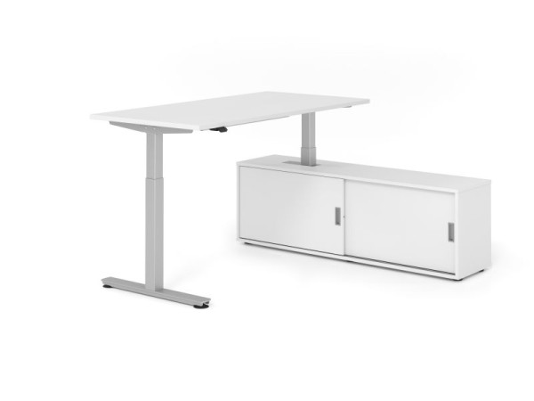 Hammerbacher Schreibtisch XMST16, 160x80cm, Platte: Weiß, T-Fuß Gestell Silber, Höhe: 71 - 120 cm, Weiß / Weiß, VXMST16SB/W/S/W/W