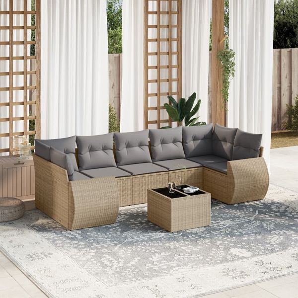 vidaXL 8-teilig Garten-Sofagarnitur mit Kissen Beige Poly Rattan, 3253476
