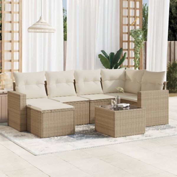 vidaXL 7-tlg. Garten-Sofagarnitur mit Kissen Beige Poly Rattan, 3219258