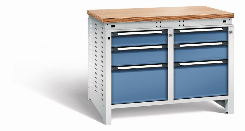 Otto Kind Werkbank Serie function Typ 215, Multiplexplatte 40 mm, bündig, 2x Unterbau + Zentralverschluss, Gehäuse RAL 7035, Front RAL 5023, 072345164