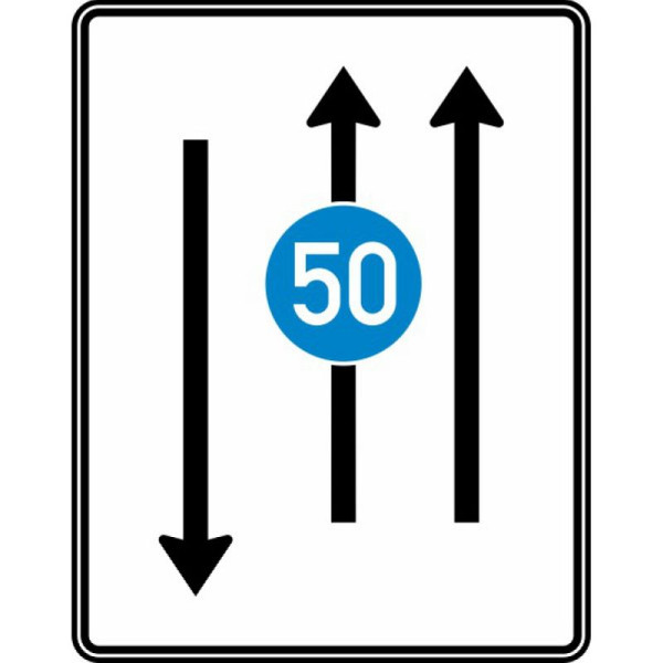 Stein HGS Fahrstreifentafel mit Gegenverkehr, 2-streifig Fahrtrichtung, 1-streifig Gegenrichtung, vorgeschr. Mindestgeschwindigkeit, 1250x1600mm, RA2, Alform, ohne Entfernungsangabe, 526-31-122