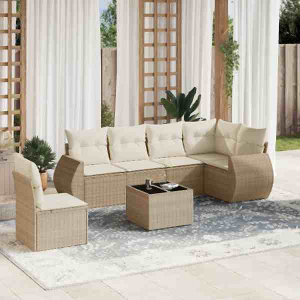 vidaXL 7-tlg. Garten-Sofagarnitur mit Kissen Beige Poly Rattan, UV-beständig, 3253775