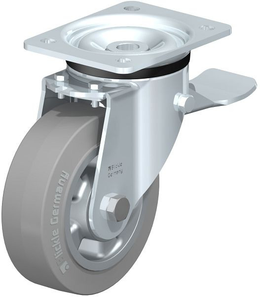 Blickle LK-ALEV 150K-ST-SG Stahlblech-Lenkrolle, schwere Ausführung, mit Anschraubplatte & Feststeller, Elastik-Vollgummi, Grau, 750223