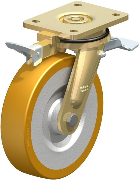 Blickle LS-SETH 200K-ST-RI4 Stahlgeschweißte Schwerlast-Lenkrolle, schwere Drehkranz-Ausführung mit Feststeller, Blickle Extrathane®, Hellbraun, 345405