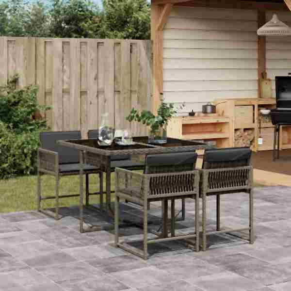 vidaXL 5-tlg. Garten-Essgruppe mit Kissen Grau Poly Rattan, UV-beständig, 3211436