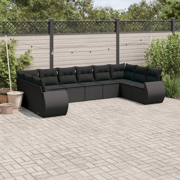 vidaXL 10-tlg. Garten-Sofagarnitur mit Kissen Schwarz Poly Rattan, 3221864