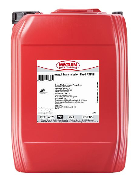 Meguin Hydraulikflüssigkeit megol Transmission-Fluid ATF III, Kanister Kunststoff, VE: 20 Liter, 4876