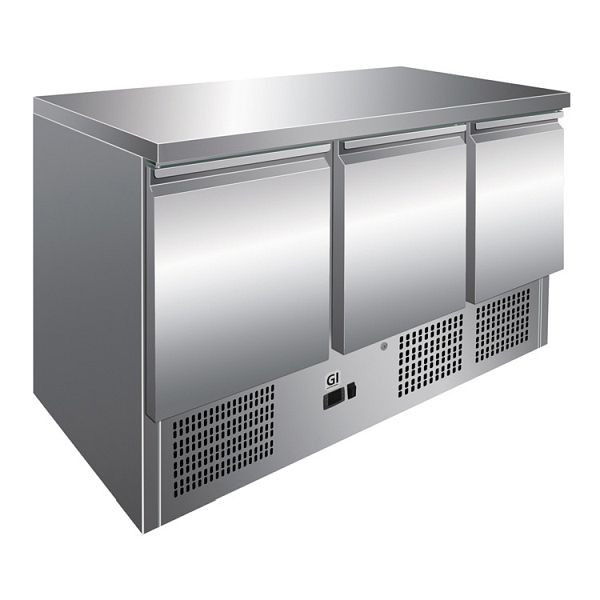 Gastro-Inox Edelstahl Kühltisch mit 3 Türen, Umluftkühlung, Nettokapazität 400 Liter, 202.015