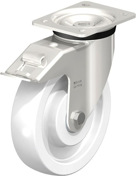 Blickle LKX-SPO 200XK-FI Edelstahl-Schwerlast-Lenkrolle mit Anschraubplatte & Feststeller, Polyamid, Weiß, 616730