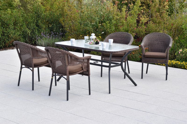 Merxx Ravenna Set 9-teilig, 4 Stapelsessel, 4 Sitzkissen, braun, 1 Tisch 150 x 85 cm, matte Glasplatte mit Geflechtrand, Graphit/Schoko, 50937-310