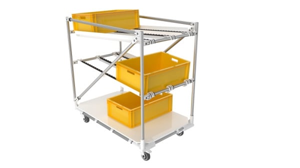 TRILOGIQ Mobiles Durchlaufregal mit Rücklauf und Ablage aus PVC mattweiß, 40-5