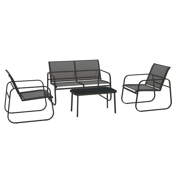 Outsunny 4-teilige Gartengarnitur, 2 Sessel, 2-Sitzer-Sofa, Tisch mit Glasplatte, atmungsaktiver Stoff, Metallrahmen, Schwarz, 84G-207V00BK