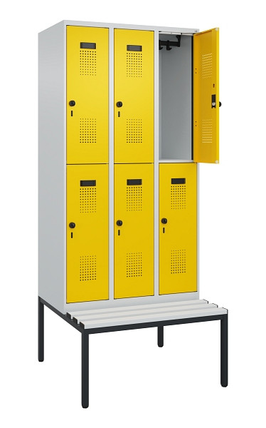 C+P Doppelstock-Spind Evolo PLUS, Bank, 6 Fächer, 2120x900x815mm, 7035/1023, Drehriegel, Sitzfläche Kunststoff, Sitzbank, 0493507-30 S10082
