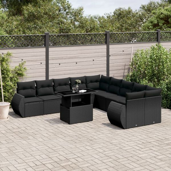 vidaXL 11-teilig Garten-Sofagarnitur mit Kissen Schwarz Poly Rattan, 3268795