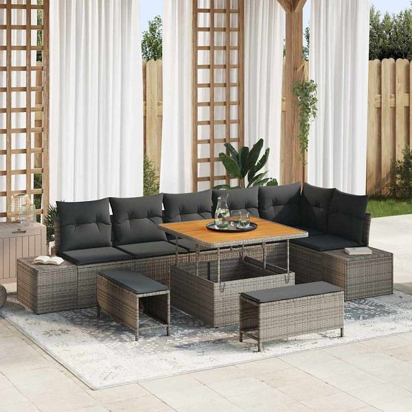 vidaXL Garten-Sofa-Set mit Kissen 9-teilig Grau Poly-Rattan, 3362798