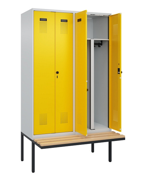 C+P PSA Doppel-Spind Evolo PLUS, Bank, 4 Abteile, 2120x1200x815mm, 7035/1023, Drehriegel, Sitzfläche Holz, 0490427-40P S10001