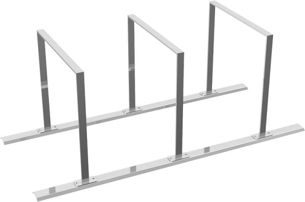 Schake Anlehnbügel als Reihenanlage mit (geteiltem) Schienensystem für 3 Anlehnbügel, Länge: 2100mm, Anlehnbügel aus Flachstahl 50x12mm, 425_30